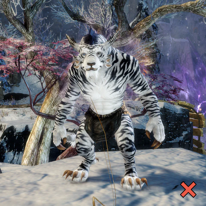 Screenshot of a charr against a noisy background, it’s difficult to tell where the character ends and the background begins