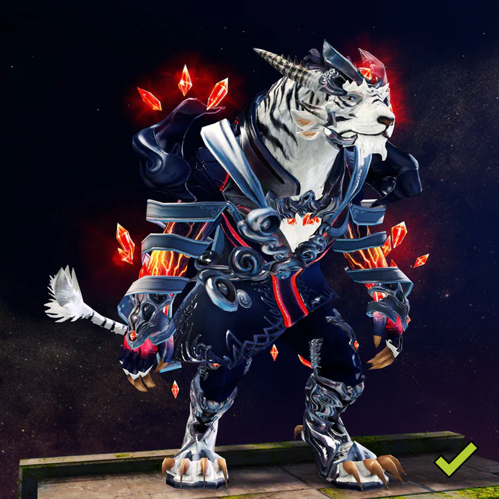 Full-body screenshot of a charr with full outfit, halfway between front and side view