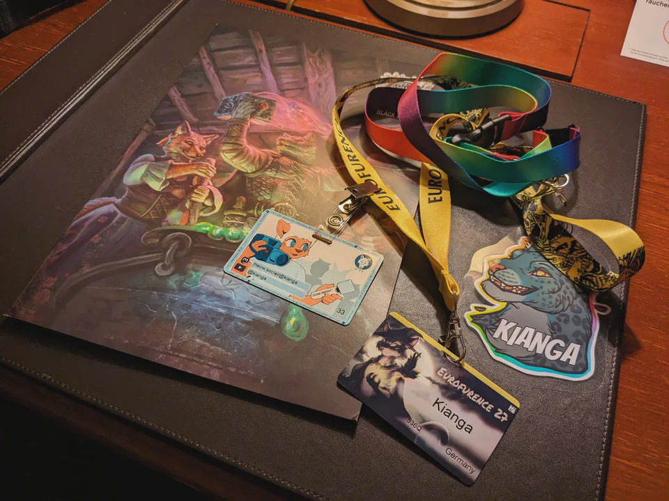 Photo of my con badge, fursona badge, video/streamer badge, and the EF con book lying on my hotel desk.