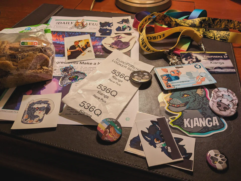 Lots of things lying on my hotel desk: the “Daily Eurofurence” newspaper, a package of stroopwafels, my con badge, media badge, fursona badge, a locker receipt, various furry stickers and buttons, and an instant picture of me taken during the panel.