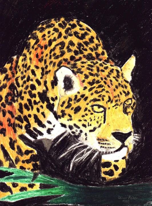 Traditional painting of a jaguar on the prowl, with strong saturated colors against a black background.