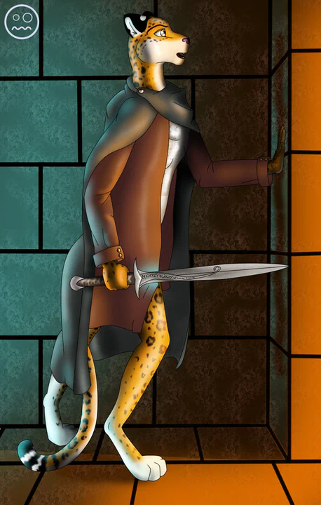 Digital drawing of an anthropomorphic jaguar in a castle hallway, wearing a brown coat and gray cloak and holding an elven sword, very similar to Frodo's outfit from The Lord of the Rings. He has one paw resting against a wall and is looking into a room to the right, with bright orange light illuminating him from the front, and blueish-green light from behind.
