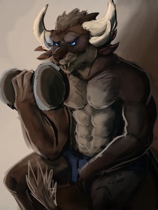Digital drawing of a shirtless male charr with blue eyes and brown fur in a sitting pose, lifting a dumbbell in his right paw, looking determined slightly past the viewer.