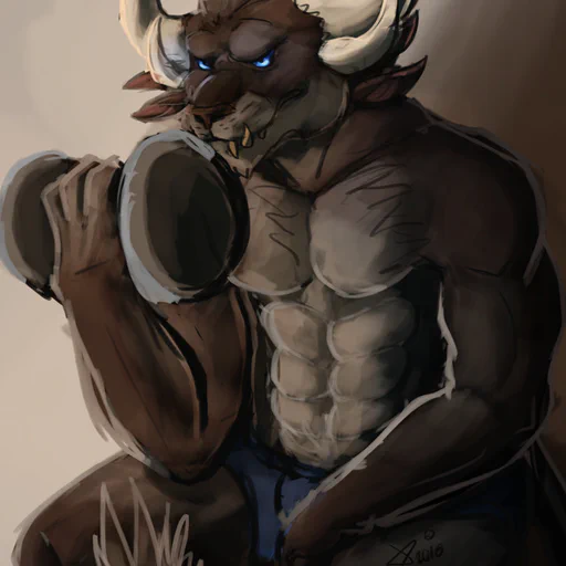 Digital drawing of a shirtless male charr with blue eyes and brown fur in a sitting pose, lifting a dumbbell in his right paw, looking determined slightly past the viewer.