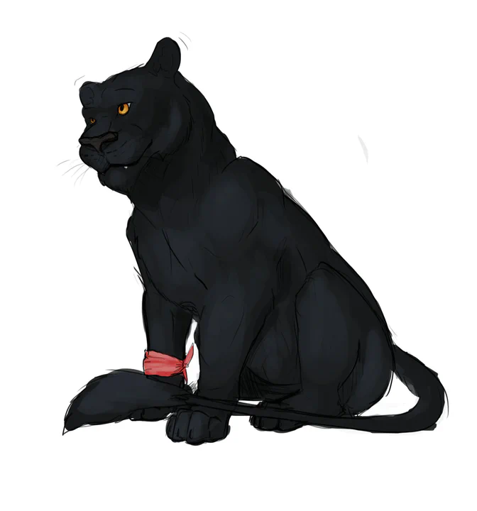 Drawing of a black jaguar with golden eyes, sitting on his haunches with his tail wrapped around him. He has a red cloth wrapped around his right front paw.