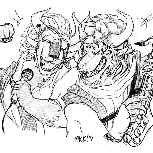 Traditional sketch drawing of two charr: Kianga Snowstorm on the left holding a microphone, Thel Victus on the right holding a saxophone. They’re grinning at each other and are clearly having a blast!