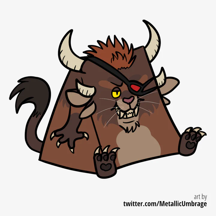 Digital colored drawing of a charr warrior with brown fur and a red eye patch. His body has the shape of a large cheese wedge (as if he just ate it), and he's looking very happy about it.