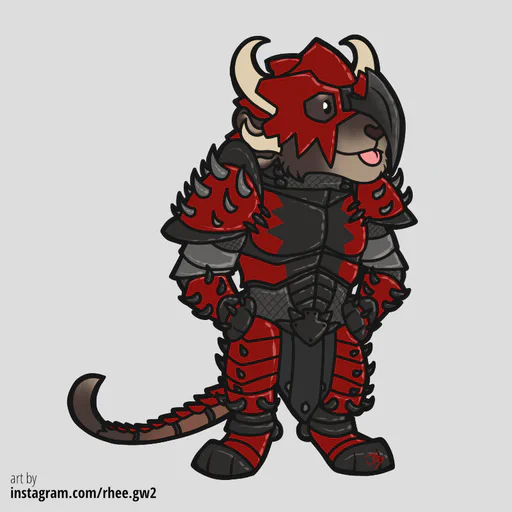 Digital color drawing of my charr warrior wearing steel armor in red and black. He has his hands on his hips and is looking to the side with a big blep.