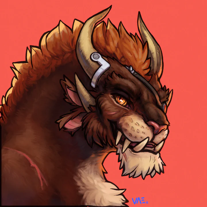 Digital bust drawing of a male charr with an eye patch against a red background. He's looking at the viewer with a confident smile.