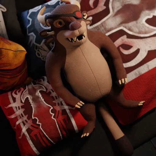 3D render of a plush charr with brown fur, a red mane, ivory horns, yellow eyes, and a red eye patch. He's resting on a pile of pillows and blankets in the designs of the four charr legions.
