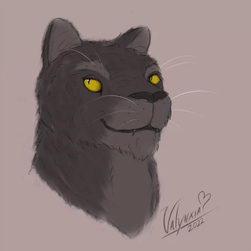 Colored bust drawing of my jaguar fursona with dark fur and bright yellow eyes, smiling gently at the viewer.