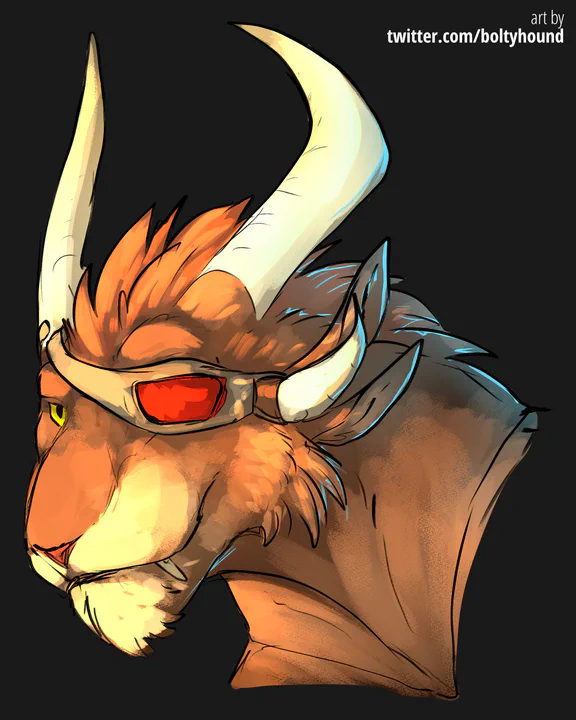 Digital colored bust drawing of my charr warrior looking to the side: brown fur, light gray muzzle, white horns. His right eye is a bright yellow, his left eye is covered with a red eye patch that's attached to his horns.
