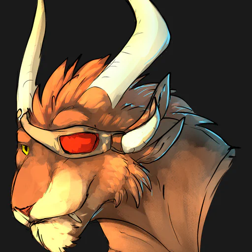 Digital colored bust drawing of my charr warrior looking to the side: brown fur, light gray muzzle, white horns. His right eye is a bright yellow, his left eye is covered with a red eye patch that's attached to his horns.