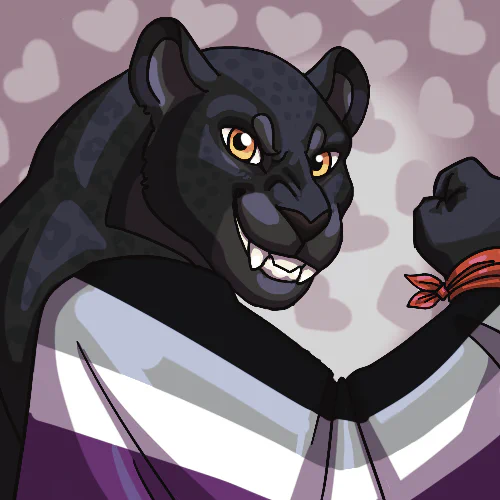 Digital colored bust drawing of an anthropomorphic black jaguar in side view, flexing his right arm and smiling at the viewer. He has a red cloth tied around his wrist and an flag with asexual pride colors draped over his shoulder and arm.