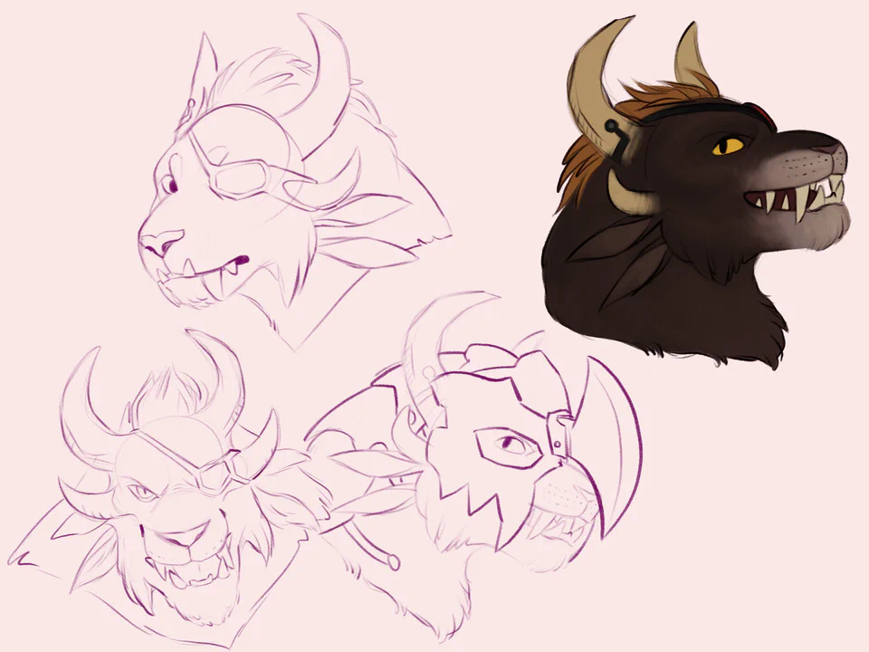 Sketch page featuring four bust sketches of my charr warrior: looking at the viewer from an angle with a surprised expression, staring directly at the viewer with an angry snarl, in side view wearing a helmet, and a fully colored sketch in side view with a happy smile.