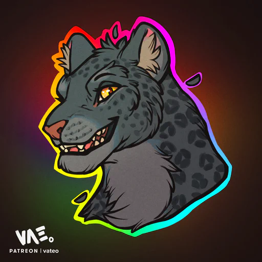 Digital bust of a smiling anthropomorphic jaguar with dark gray fur and golden eyes, with a bright rainbow-colored outline.