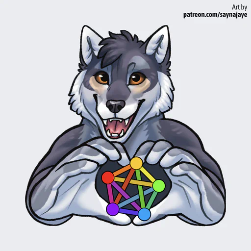 Digital bust of a grey anthro wolf with brown eyes, looking excitedly at the viewer and making the "hand heart" gesture, with the rainbow-colored Fediverse logo between his paws. The logo itself is five circles arranged in a pentagon shape, each in a different color, with thick lines connecting all of them.
