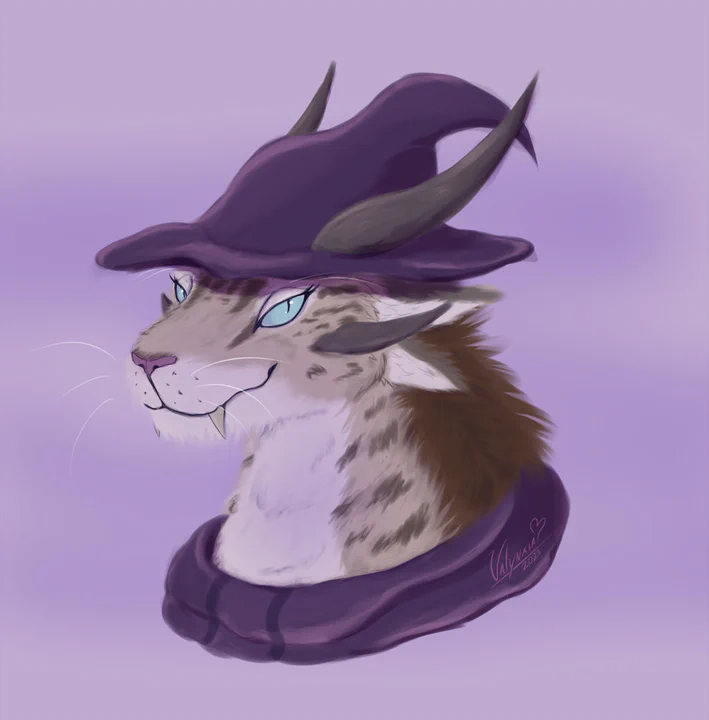Digital bust of a female charr mesmer with beige fur, a dark brown mane, and light blue eyes, against a soft light purple background. She has a confident smile and is wearing a dark purple wizard hat, with her two horns poking through it.