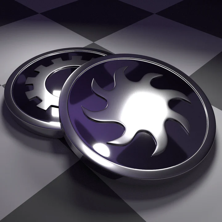 3D render of two large steel coins, one showing the Ash Legion emblem (a swirly 8-sided star shape) on the front, the other showing the charr gear emblem on the back. They're lying on a grey checkerboard surface, with slightly purple-ish light.
