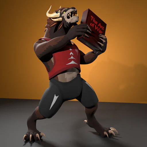 3D render of a male charr with brown fur in a red tank top and black pants. He's holding a large book titled "The Art of War" with both of his hands and looks like he's about to smack someone with it. The background is a simple dark grey floor and a yellow wall.
