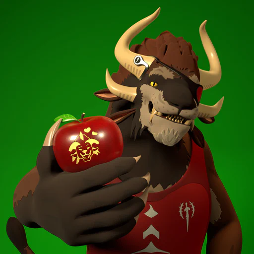 3D render of a male charr holding a red apple in his right hand, carved with an image of Tybalt Leftpaw and two hearts. The background is an abstract green.
