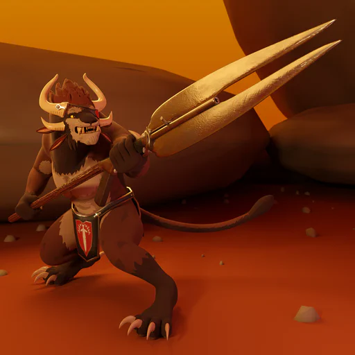3D render of a male charr with brown fur and a red eye patch in a desert environment. He's only wearing a red loincloth and holding a spear as if to attack someone just to the right of the viewer. H
