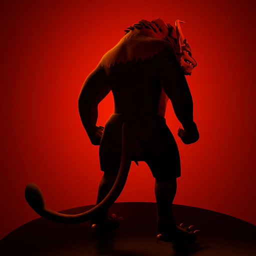 3D render of a male charr, shirtless, with his back turned to the viewer. He's only a dark silhouette against a deep red background, but his pose looks angry.
