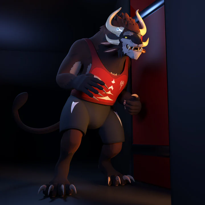 3D render of a male charr in black shorts and a red tank top, listening intently at a half-closed door. Warm light is coming out of he door, illuminating him, while the rest of the scene is relatively dark.
