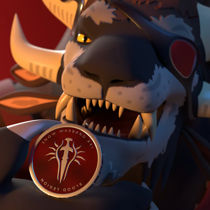 Close-up 3D render of a male charr with brown fur and a red eye patch, proudly showing off a steel medal. The text on the medal reads "Snow Warband XVI" and "Blood Legion".
