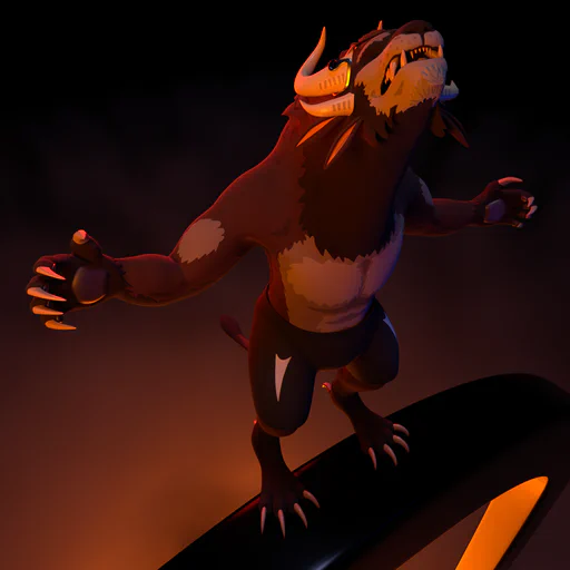 3D render of a male charr, shirtless with black pants, standing on the edge of an abyss. He looks completely calm, with his head turned up, eyes closed, and arms spread.

