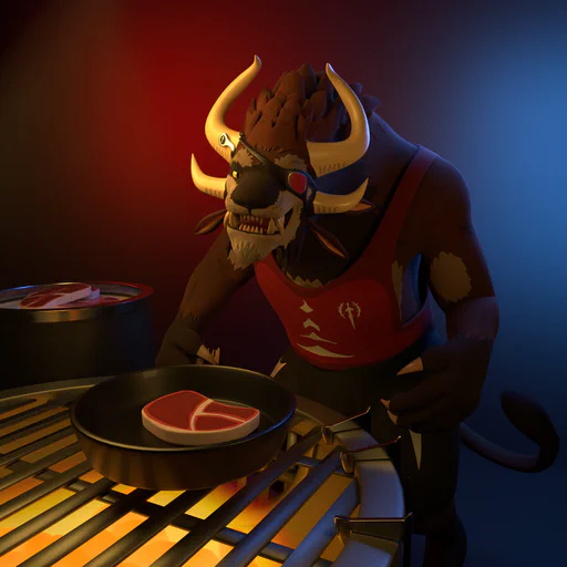 3D render of a male charr standing at a grill and preparing a large steak. He's wearing black shorts and a red tank top and looks excited.
