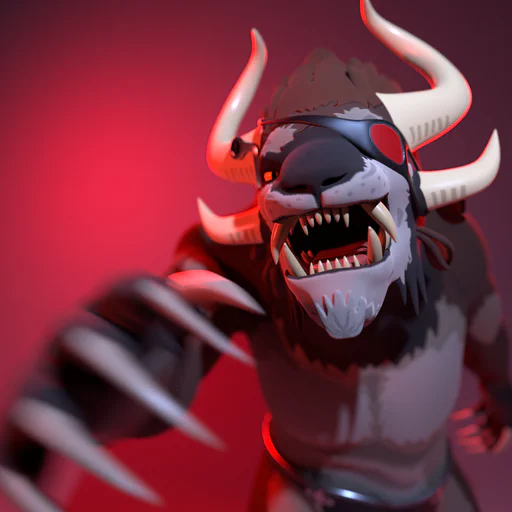 3D render of a male charr who looks like he's about to maul the viewer. Mouth wide open, showing sharp fangs, right paw swiping close to the viewer with a motion blur effect.
