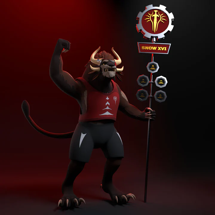 3D render of a male charr in black pants and a red tank top, holding a battle standard similar to a Roman signum with his left hand, while raising his right in a victory pose. The standard has the Blood Legion emblem at the top, then the text "Snow XVI" below, and then five smaller circles representing the members of the warband.
