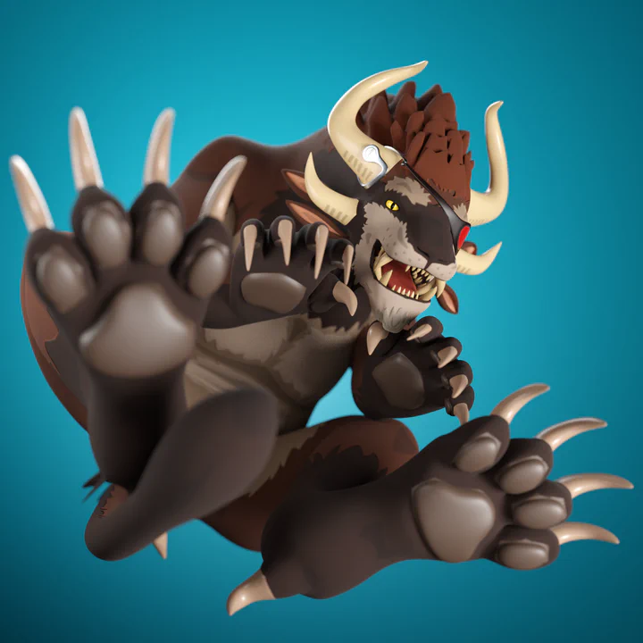 3D render of a male charr with brown fur and a red eye patch, pouncing at the viewer from straight above while showing all the claws and beans.
