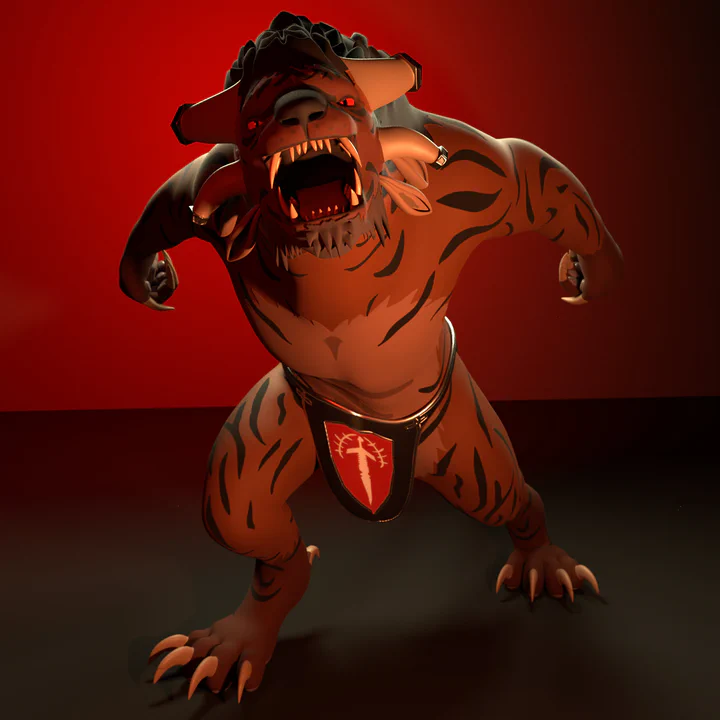 3D render of a fierce looking charr with dark brown fur, black tiger stripes, and red eyes, wearing a Blood Legion loincloth. He's snarling at the viewer, in the same pose as the "threaten" emote from Guild Wars 2.
