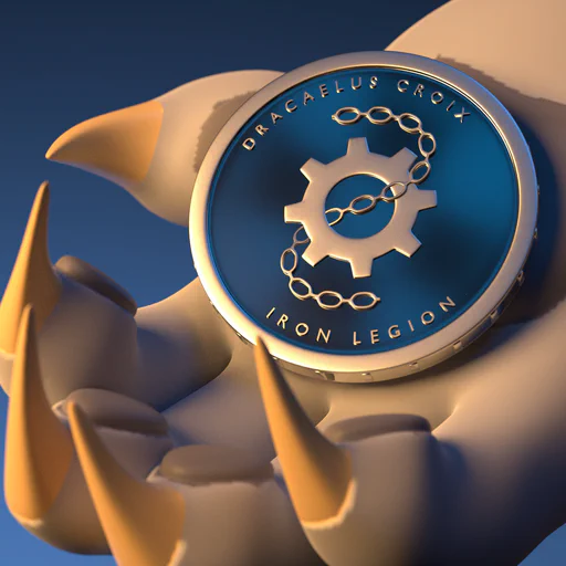 Close-up 3D render of a charr's white-furred hand paw, holding a steel medal with the Iron Legion emblem - a gear with a chain threaded through it - and the text "Dracaelus Croix - Iron Legion".
