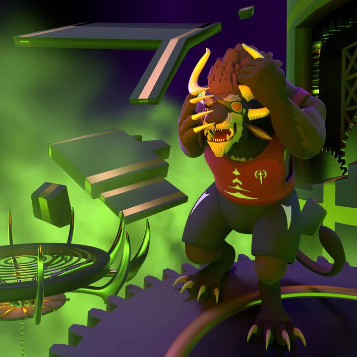 3D render of a male charr with black pants and a red tank top in a bizarre nightmare environment: He's standing on a giant gear that floats above deadly looking green mist, with more gears, half-broken stairs, and other debris floating around him - a recreation of the Mad King's Clock Tower from Guild Wars 2. He's screaming and looks panicked, holding his left horn with one hand, and covering his face with the other.
