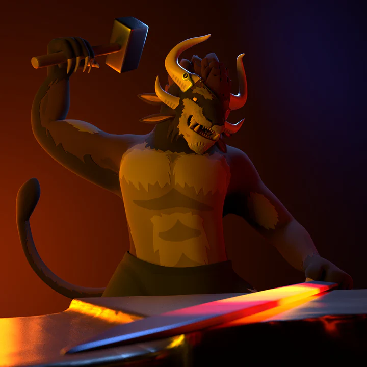 3D render of a male charr with brown fur and a red eye patch standing in a smithy. He's shirtless, holding a still glowing hot sword on an anvil with his left hand, and a hammer in his right hand, raised up and about to strike.
