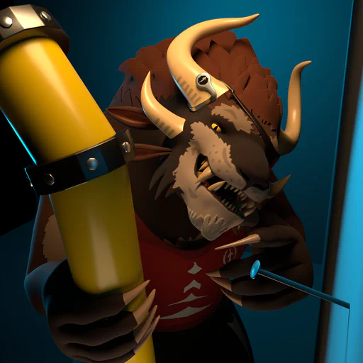 3D render of a male charr looking a little goofily at a nail stuck in a wall. He's holding a large yellow pipe in his right hand that he probably ripped out of something.

