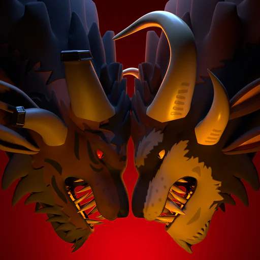 3D render of two charr head-to-head, clashing horns and snarling at each other against a red background. The one on the left has dark brown fur, blood-red eyes, and dark-grey steel-capped horns. The one on the right had light brown fur, yellow eyes, and ivory-colored horns.
