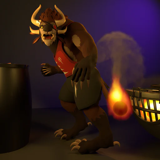 3D render of a male charr with brown fur, black shorts, and a red tank top and eye patch. He’s standing near a barbecue and is looking very shocked because the tip of his tail is on fire.
