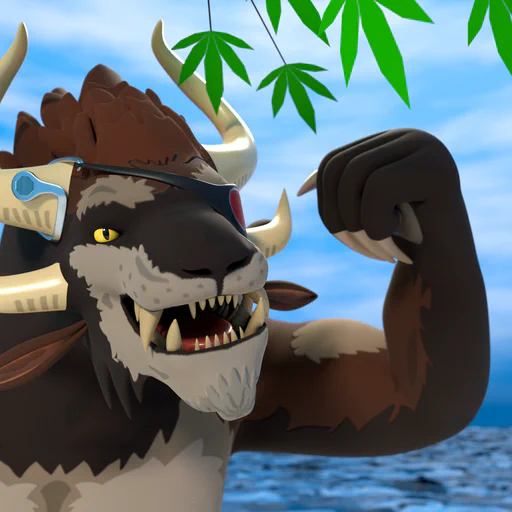3D close-up render of a male charr with brown fur and a red eye patch, smiling at the viewer and flexing his biceps. 

