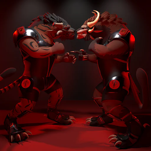 3D render of two male charr facing off, staring at each other angrily. The one on the left has his fists raised, while the one on the right is pointing at the other with his right paw while making the throat-cut gesture with his left. 
