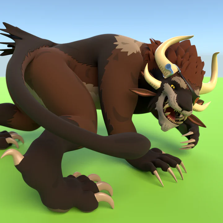 3D render of a male charr with brown fur (and no clothes) chasing his tail like a house cat.
