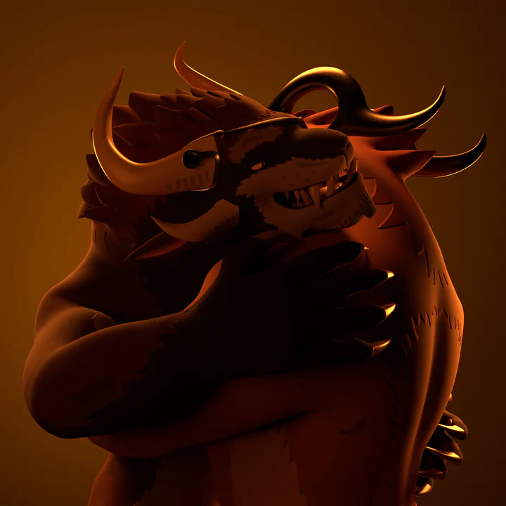 3D render of two charr sharing an intimate embrace, against a golden-orange background.

