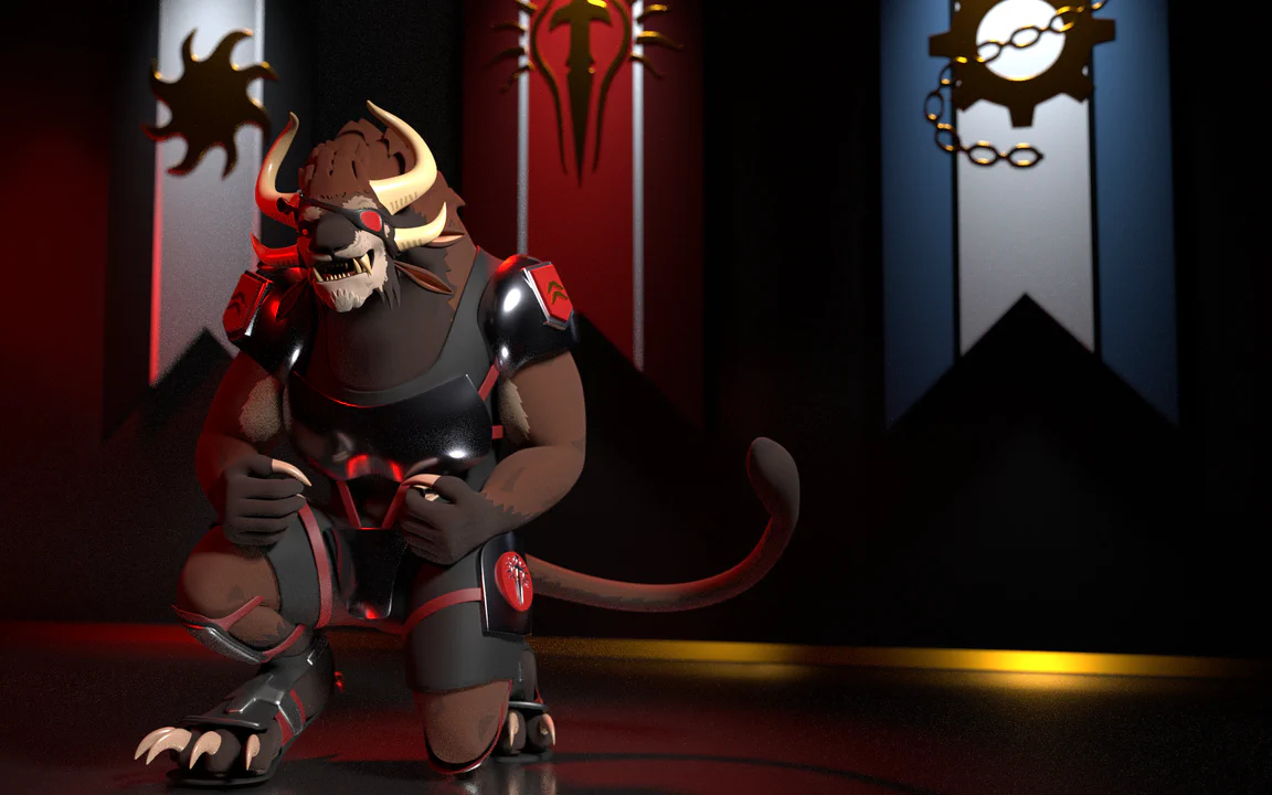 3D render of a male charr in somewhat simplistic looking Blood Legion armor, kneeling in front of the three charr legion banners: Ash, Blood, and Iron.
