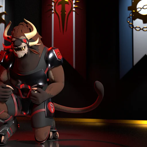 3D render of a male charr in somewhat simplistic looking Blood Legion armor, kneeling in front of the three charr legion banners: Ash, Blood, and Iron.
