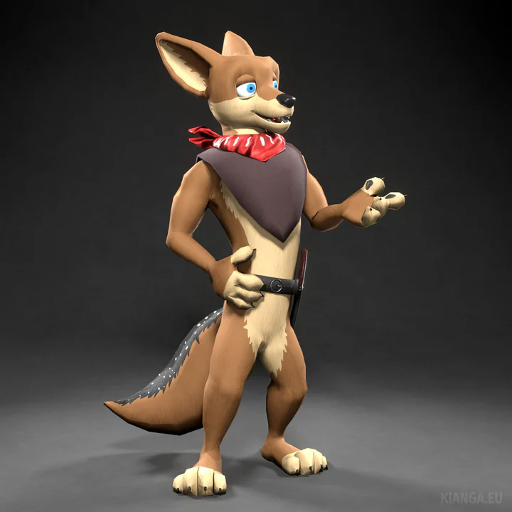 3D render of an anthropomorphic black-backed jackal in a cartoony style, pointing at something just to the right of the viewer. He has bright blue eyes and is wearing a short dark purple tunic and a black utility belt with a hunting knife.