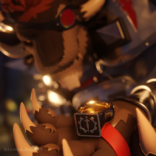 3D close-up render of a male charr with brown fur and a red eye patch, holding out a large signet ring with the Blood Legion emblem towards the camera. The scene is focused on the ring, with the charr somewhat out of focus in the background.
