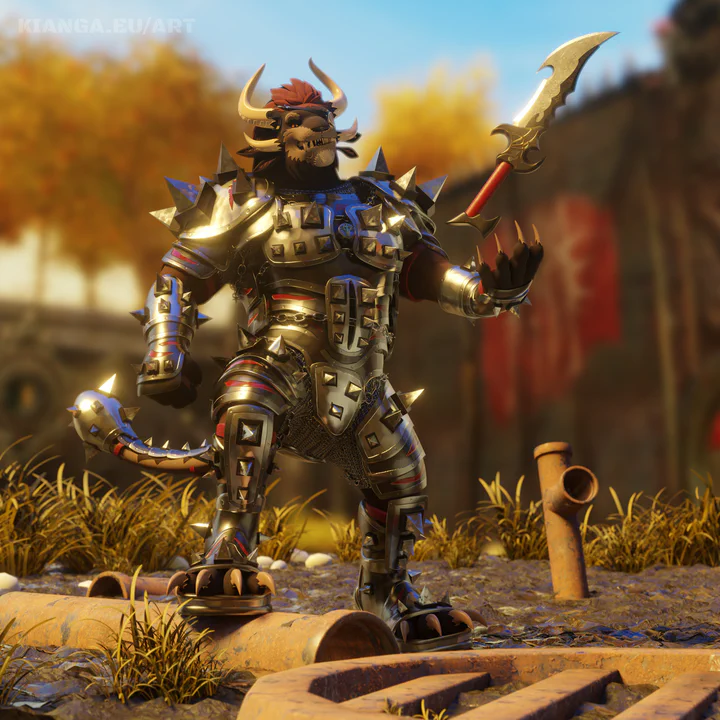 3D render of a male charr in full steel armor, standing in the Ooze Pits, an outdoor arena with high walls and a Blood Legion banner in the background. He's looking confident, throwing his dagger in the air, with one leg resting on a rusted pipe.
